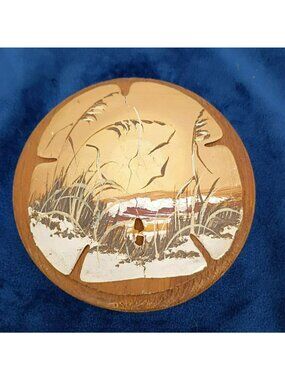 Vintage Hand-Painted Wooden Sand Dollar Wall Art With Coastal Scene Crack & Wear